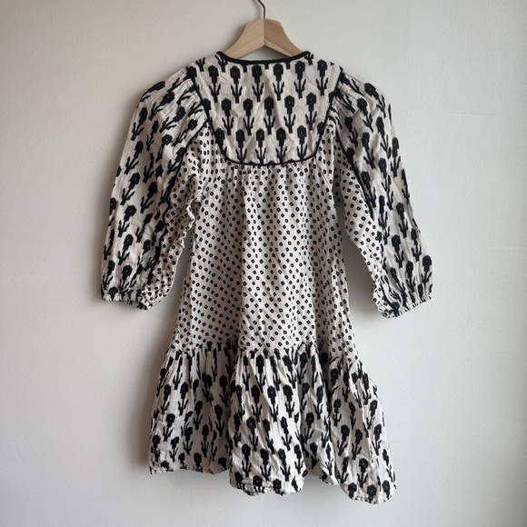 Zara Girls Long Sleeve Gauze Boho Floral Black and Beige Summer Short Dress - Picture 2 of 6